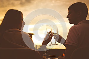 couple love glasses wine romance roof sunset