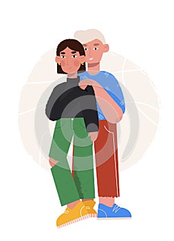 Couple in love. Happy man and woman hugging, gentle touch and smile. Portraits of loving guy and girl. Vector illustration
