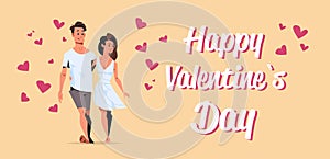 Couple in love happy valentines day concept young man woman embracing walking together over heart shapes cartoon