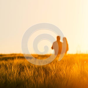 Couple in love have fun together in gold rye field in summer sunset light