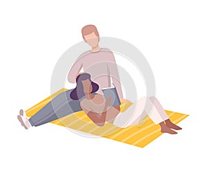 Couple in Love Having Picnic in the Park, Man and Woman Characters Relaxing Outdoors, Girl Lying and Reading Book Flat