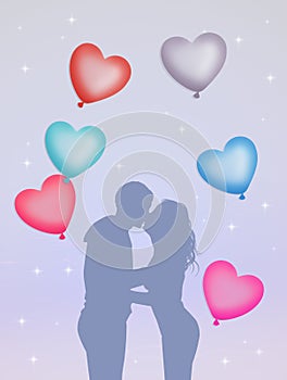 Couple in love with hearts balloons