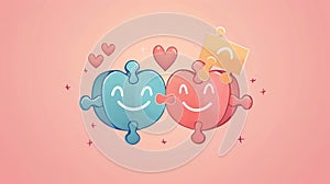 Couple in love, hearts together, jigsaw puzzle with quote for Valentine's Day. Amour, romance. Flat modern