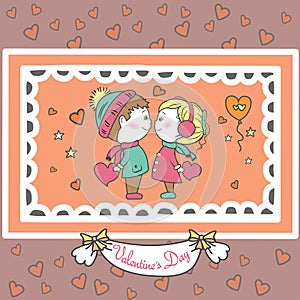 Couple in love with hearts, Valentine card.