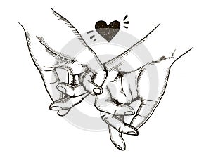 Couple in love hold hands engraving vector