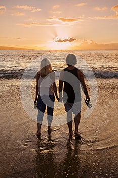 Couple in love and holding hands at the beach at sunset