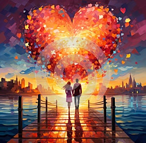 Couple in love holding hands with big heart on the sky illustration.