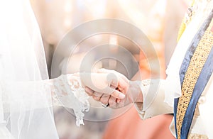 Couple in love holding hands on blurred  background ,Vintage style picture.Happy bride and groom holding hands and walking in