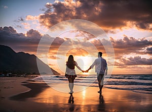 Couple in love holding hands at sunset on sandy tropical beach, background