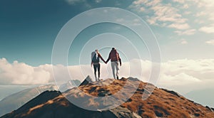 Couple in love holding hands on top of a mountain. Man and woman standing on top of the mountain and looking at the landscape.