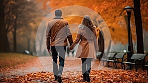 Couple in love holding hands on a walk in the park in autumn