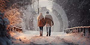 a couple in love holding hands and walking in a snowy park in the evening
