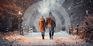 a couple in love holding hands and walking in a snowy park in the evening