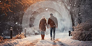 a couple in love holding hands and walking in a snowy park in the evening