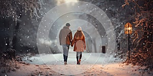 a couple in love holding hands and walking in a snowy park in the evening