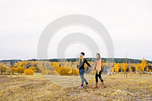 A couple in love holds hands and walks through an autumn garden or field. Enjoy the autumn nature and each other