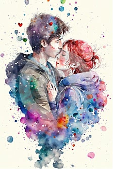 Couple in love hugging and kissing. Young love. ai generated. Watercolor illustration of kissing and hugging couple surrounded by