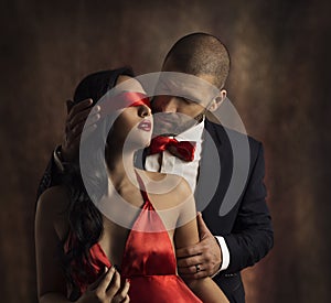 Couple Love Kiss, Man Kissing Sensual Woman in Blindfold