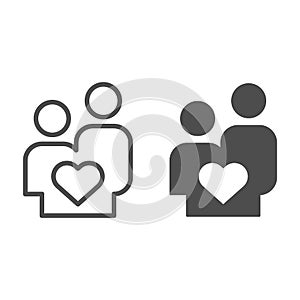 Couple in love line and solid icon. Lovers young people with heart shape symbol, outline style pictogram on white