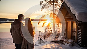 Couple in love looking at the sunset on the lake in winter