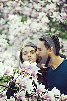 Couple in love, man kissing woman at blossoming trees, magnolia