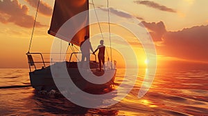 couple in love, man and woman holding hands during a romantic boat ride at sunset. entertainment available on the sea, ocean or