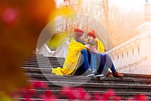 Couple in love in park in autumn