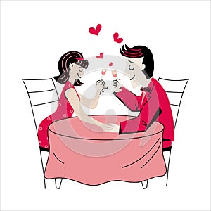 A couple in love at a party at a retro style table with a heart in the background. Minimalism. Template for