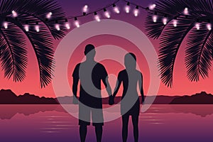 Couple in love on purple paradise palm beach with fairy lights