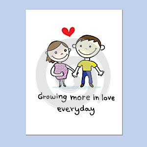 Couple love with red heart hand drawn card