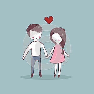 Couple in love with red heart hand drawn vector