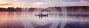 Couple in love ride in a rowing boat on the lake during sunset. Romantic sunset in golden hour. Happy woman and man together relax