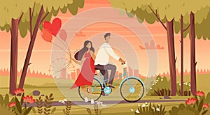 Couple in love riding a bicycle with balloons. Valentines day banner. Romantic landscape background.