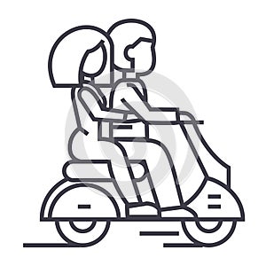 Couple in love riding a scooter vector line icon, sign, illustration on background, editable strokes