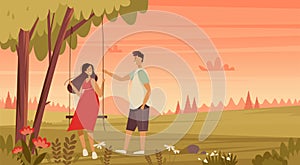 A couple in love is riding a swing. Valentines day banner. Romantic landscape background.