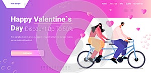 couple in love riding tandem bicycle celebrating happy valentines day horizontal full length