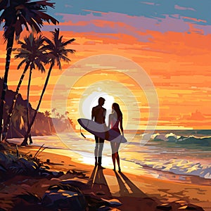 Couple in Love Riding a Wave at Sunset Beach