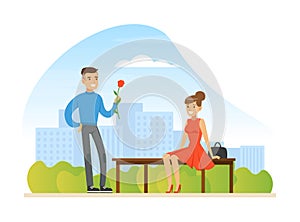 Couple in Love on Romantic Date, Man and Woman Having Romantic Date in City Park Cartoon Vector Illustration