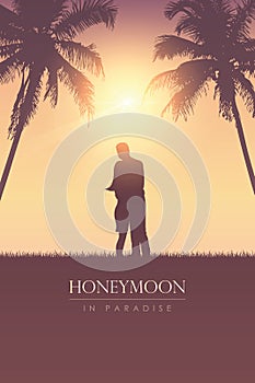 Couple in love silhouette honeymoon in paradise on tropical palm background