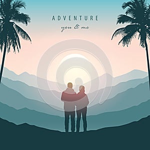 couple in love silhouette honeymoon in paradise on tropical palm background