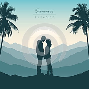 couple in love silhouette honeymoon in paradise on tropical palm background