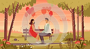 A couple in love sits on a bench with balloons. Valentines day banner. Romantic landscape background.