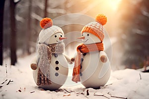 Couple in love snowmen in winter forest. Funny cartoon characters. Happy Valentine's Day. Merry Christmas. Postcard