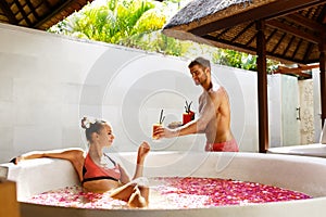 Couple In Love At Spa. Man, Woman On Romantic Vacation