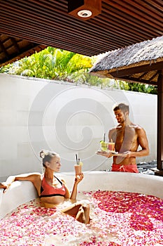 Couple In Love At Spa. Man, Woman On Romantic Vacation