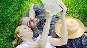 Couple in love spend leisure reading book. Couple soulmates at romantic date. Romantic couple students enjoy leisure