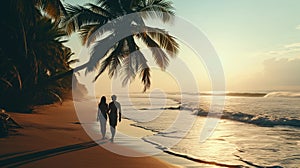 Couple in love spending time on the beach with palm trees and beautiful view