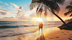 Couple in love spending time on the beach with palm trees and beautiful view