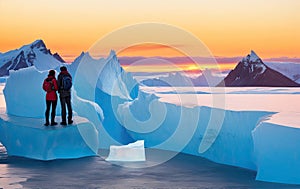 A couple in love standing on an ice floe among the ice and admiring the sunset