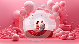 A couple in love is standing opposite each other on a pink background with balls.